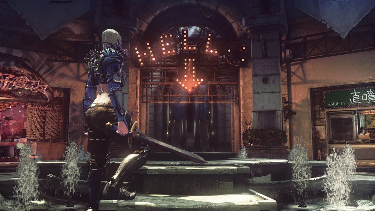 LET IT DIE fighter standing in the game's industrial lobby