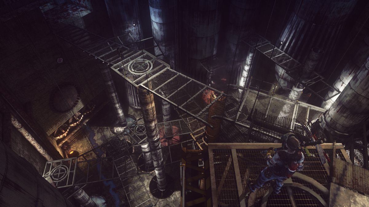 LET IT DIE fighter overlooking the industrial Tower of Barbs